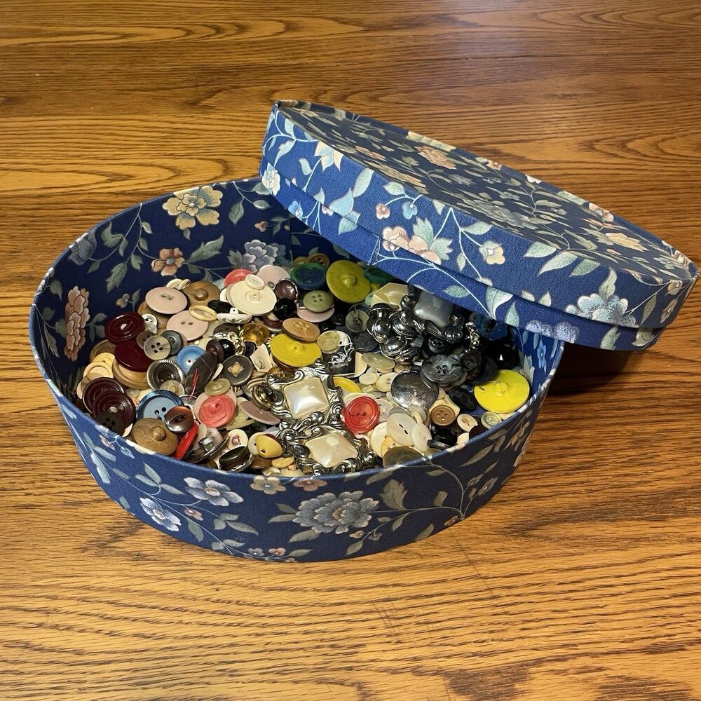 Vintage Blue Floral Fabric Oval Hat Box Storage Container With Mixed Buttons Lot